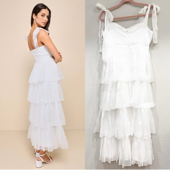 NWOT Lulus Radiant Arrival Shiny White Organza‎ Tiered Tie-Strap Maxi Dress - Picture 5 of 9